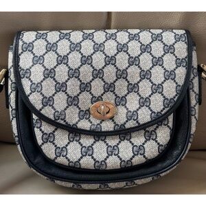 Authentic Vintage Gucci Navy Monogram Leather Flap Turn Lock Crossbody Bag